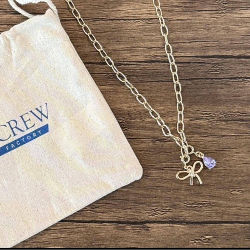 J. Crew Delicate Bow Chain Necklace with Lavender Crystal
